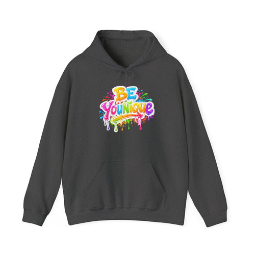 Hoodie — Colorful "Be Younique" Drip Design with "Stay Different" Back